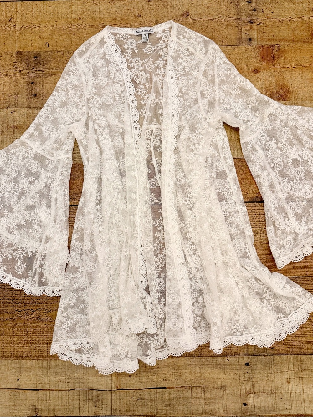 White Sheer Floral Lace Kimono Robe Nina Leonard